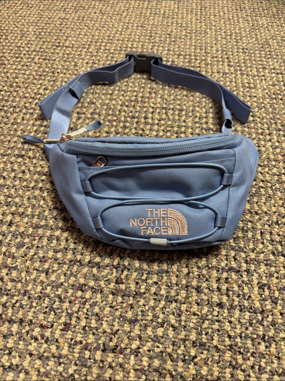 The North Face Fanny Pack Light Blue with Rose Gold Logo Adjustable Strap